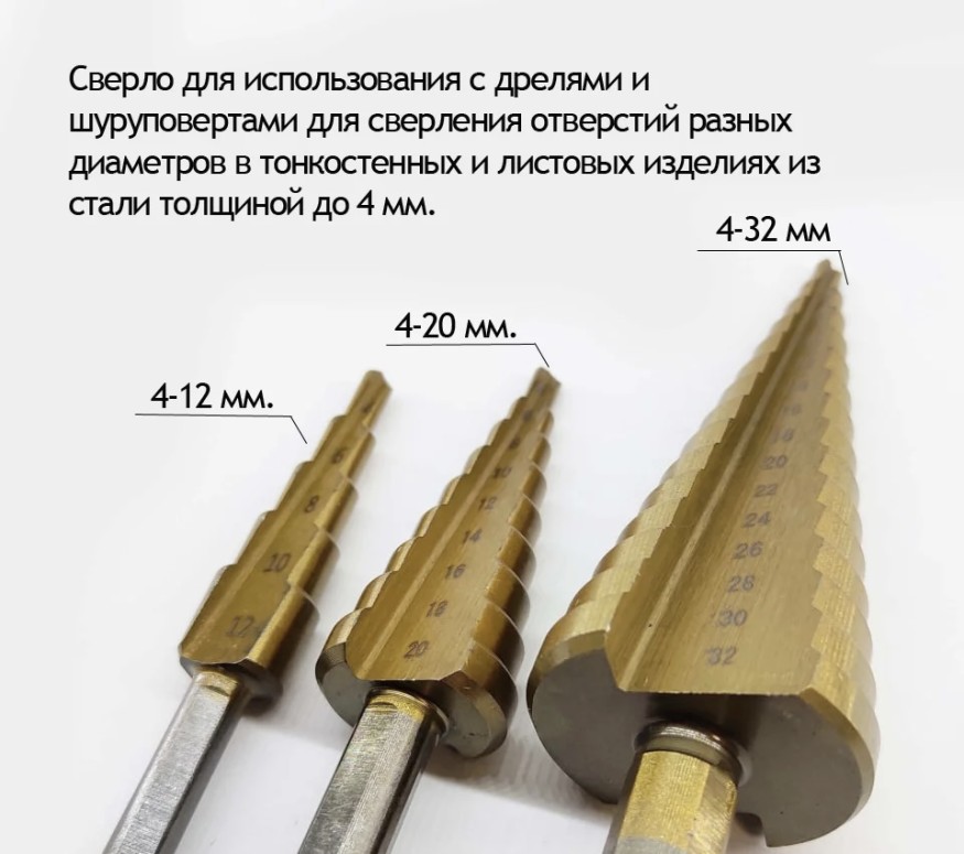 Набор ступенчатых сверл 4-12, 4-20, 4-32 мм по металлу в чехле (4-6-8-10-12-14-16-18-20-22-24-26-28-30-32 мм), HSS, шестигранный хвостовик (Сверло ступенчатое)
