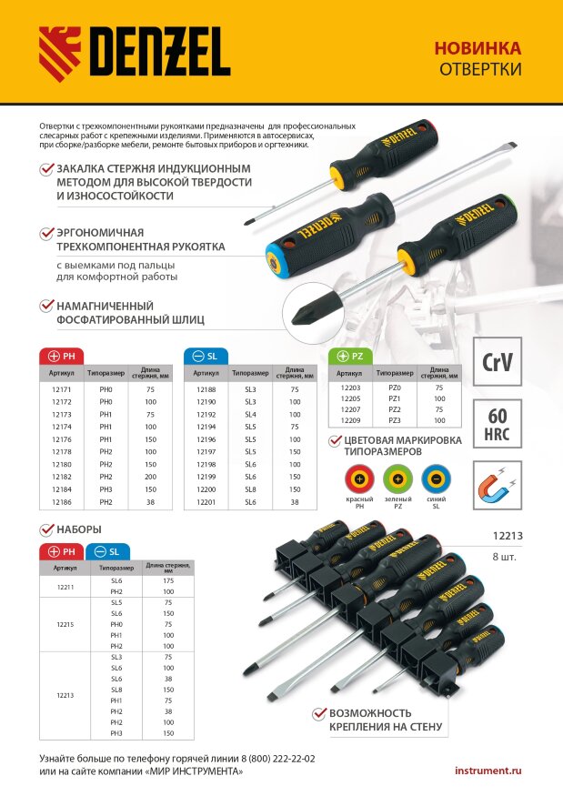 Отвертка SL5x100 мм, CrV, трехкомпонентная рукоятка Denzel
